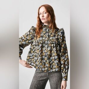 Smythe pie crust a-line blouse in black grounded mustard floral size xs